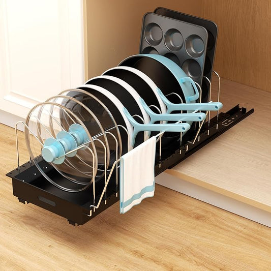 Pots and Pans Organizer Under Cabinet - 22" Deep Expandable | Pot Organizers inside Cabinet with 10 Adjustable Dividers & Handrail, No Drill Pot Lid Holder, Sliding Pot Lid Holder, 1 Pack by Golener