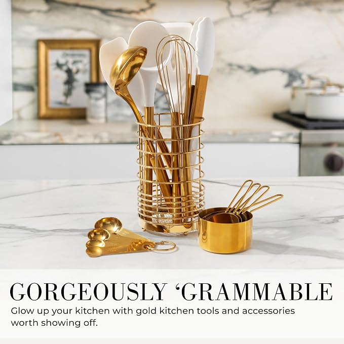 Styled Settings White and Gold Kitchen Utensils Set with Holder, 15-Piece | Nonstick BPA-Free Silicone Cooking Utensils with Measuring Cups and Spoons - Luxury Kitchen Accessories for Stylish Cooking - Image 5