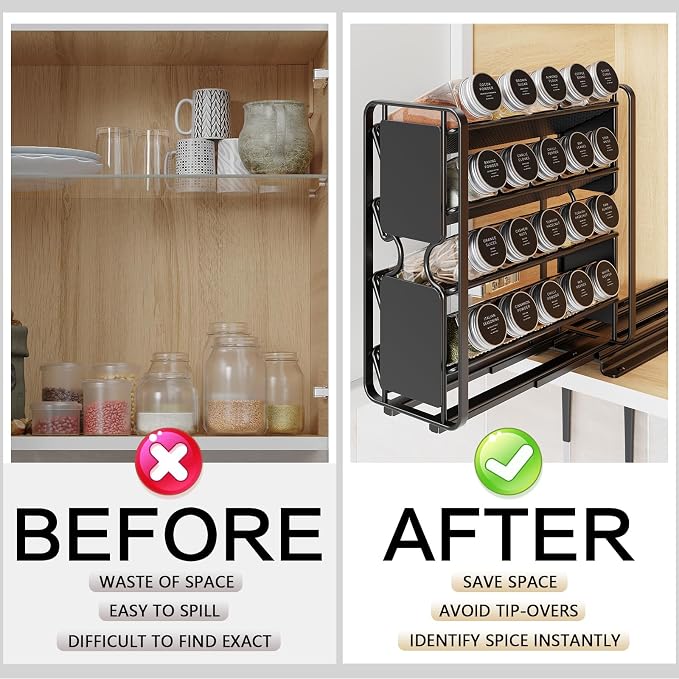 Spice Rack Organizer Drawer Cabinet: Pull Out Spice Seasoning Organization with 20 Jars - Facing Left or Right with Labels and Chalk Maker 4 Tier Slide Out Kitchen Storage for Countertop Wall Mount - Image 5