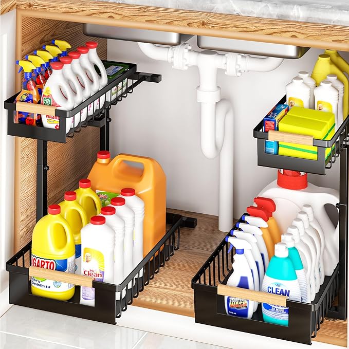 Under Sink Organizers and Storage, 2 Pack L-Shaped Pull Out Cabinet Organizer, 2 Tier Sliding Storage Rack with Adjustable Height, Metal Under Sink Shelf for Kitchen, Bathroom, Pantry, Black by GUUKAR
