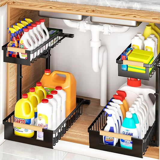 Under Sink Organizers and Storage, 2 Pack L-Shaped Pull Out Cabinet Organizer, 2 Tier Sliding Storage Rack with Adjustable Height, Metal Under Sink Shelf for Kitchen, Bathroom, Pantry, Black by GUUKAR
