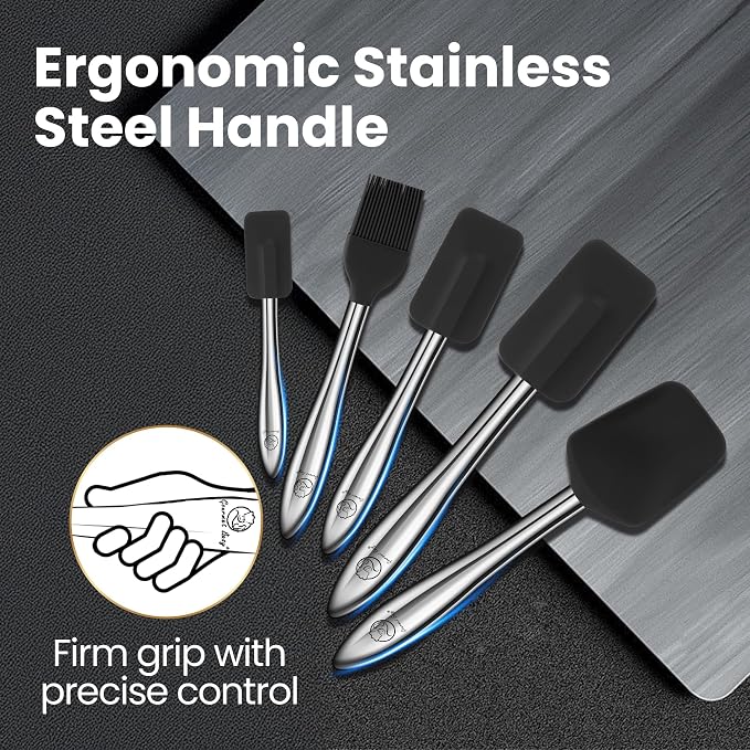 Gourmet Easy 5pcs Silicone Spatula Set with Stainless Steel Handles - Black | Heat-Resistant Silicone Protects Nonstick Cookware, Ergonomic Handles Offer Firm Control, Dishwasher Safe, 5-Year Warranty - Image 3