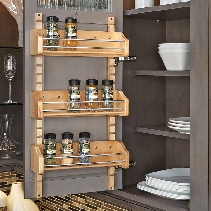 Rev-A-Shelf Wall Storage Organizer for Kitchen Cabinets, Door-Mounted Spice Rack with 3 Adjustable Shelves, Maple Wood, 4ASR-21 - Image 4