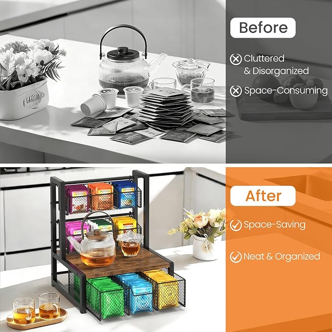 Tea Bag Organizer, 3 Tier Tea Storage Container Box, Rustic Brown | Wood Tea Station Caddy, Teabag Holder Stand with Drawer Basket, Large Tea Chest Display Rack for Countertop Cabinet Office - Image 9