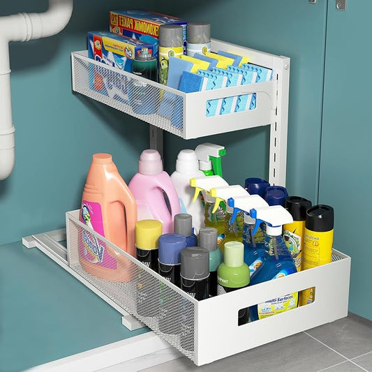 TISTAYA Pull-Out Under Kitchen Sink Organizer, Metal Functional Under Sink Organizer, Height Adjustable Under Bathroom Sink Organizer, Under Sink Storage for Kitchen Bathroom Cabinet (White) by TISTAYADirect