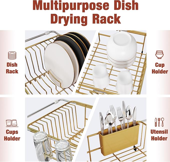 JASIWAY Gold Dish Drying Rack in Sink, Dish Drainer with Utensil Holder | Over The Sink Expandable Stainless Steel Strainer Dryer Rack for Small Kitchen, Counter Space Saving, Fast Drain, Rustproof - Image 6
