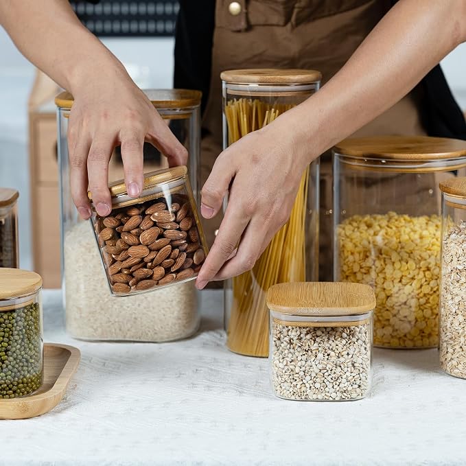 D2scrma 22oz Airtight Square Spice Containers with Bamboo Lid Set of 6 (650ml) Kitchen Pantry Organization Jar Stackable Spice Jar, for Sugar, Tea, Cookies and Coffee beans (‎with Black Lable) - Image 6