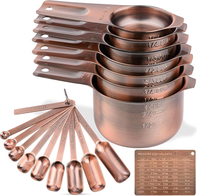 Copper Measuring Cups and Spoons Set, Stainless Steel Measuring Cups and Spoons Set, Metric & US 7 Measure Cup & 9 Long MeasureSpoon,1Leveler & 1Measure Equivalents for Kitchen & Baking by Hotsyang