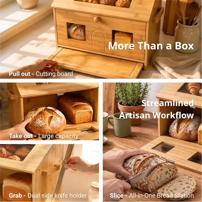 Large Bread Box for Homemade Bread: 9.1" Deep 2-Tier Fits 95% of Artisan | Countertop Storage Fit 2 Big Loaves & Multiple Pastries - Farmhouse Bamboo Contaniner with Cutting Board & Knife Holder - Image 4