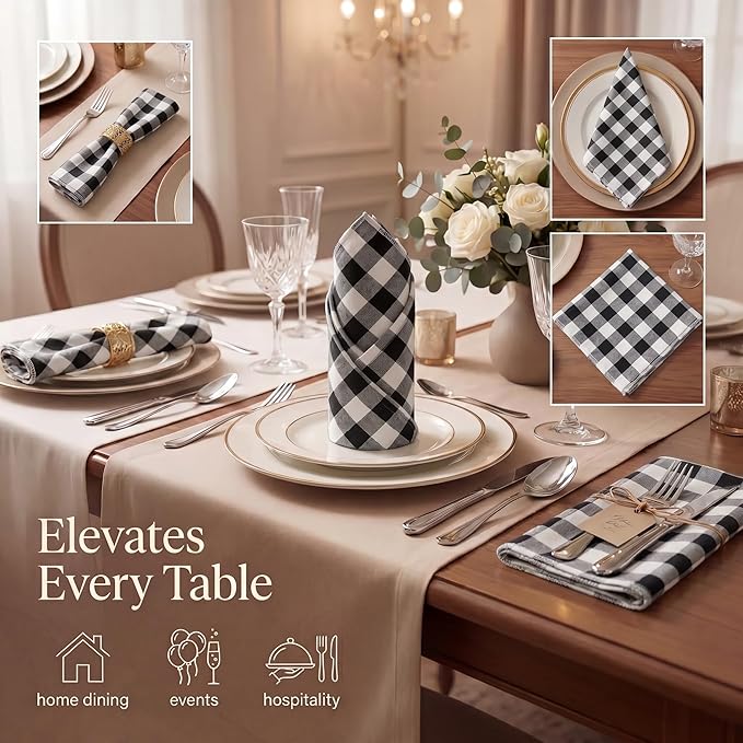 Urban Villa Cloth Napkins Cotton 20x20 (Set of 12) Black Cheks - Image 2