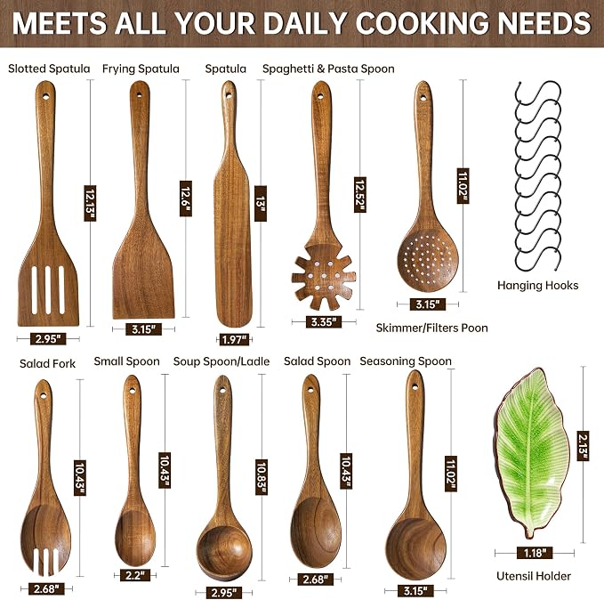 11 PCS Natural Acacia Wooden Utensil Set Wooden Spoons for Cooking | Non-Toxic, Nonstick Friendly, Sturdy & Easy to Clean, With Ceramic Spoon Rest & 10 Hooks, Ideal Housewarming Gift - Image 3