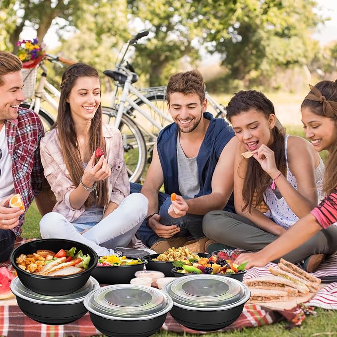 20 Pack 135 oz Large Plastic Serving Bowls with Lids Round Extra Large Disposable Salad Bowls Containers Chip Candy Dish for Salads and Snacks Party Picnic Buffet Eating(Black) - Image 6