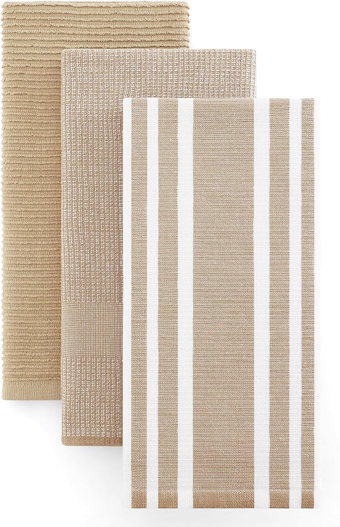 Homaxy Cotton 380 GSM Premium Kitchen Towels, 18"x 28", 3 Pack, Khaki | Soft and Absorbent Terry Dish Towels, Multipurpose Tea Towel Set with Hanging Loop, 3 Styles Kitchen Hand Towels by Homaxy