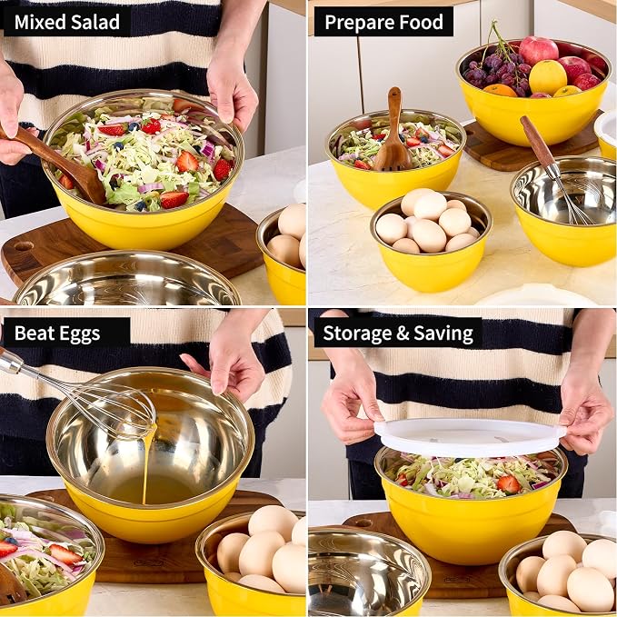 Yellow Mixing Bowls with Lids Set of 7, Stainless Steel Nesting Bowl with Khaki Lid for Non-slip Mixing Prepping Storing Serving, 7 Sizes-7/3.6/2.7/2.1/1.5/1/0.8 QT - Image 5