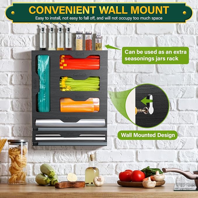 KOCWELL Bag Organizer & Plastic Wrap Dispenser with Cutter, 6 In 1 Bamboo Foil & Plastic Wrap Organizer for Kitchen, Food Storage Bag Organizer - Image 6
