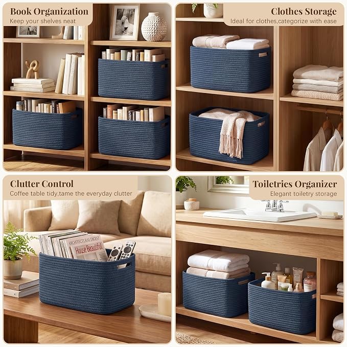 OIASKET 4Packs Natural Cotton Rope Storage Baskets for Organizing Toys, Clothes, Towels & Books, Soft Versatile Organizers for Shelves, Home Decorative Bins, 13''Lx9''Wx7.8''H, Blue - Image 5