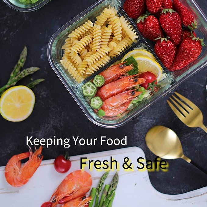 Bayco 8 Pack Glass Meal Prep Containers 3 Compartment, Glass Food Storage Containers with Lids, Airtight Lunch Bento Boxes, Leak Proof (8 lids & 8 Container) - Grey - Image 6