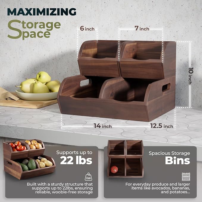 Acacia Potato and Onion Storage Bin - Stackable Wooden Storage Bins with Airflow Vent - Onion and Potato Storage Baskets for Kitchen Countertop Storage Organizer - Image 3