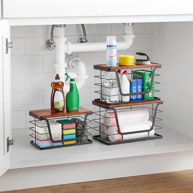 ALOCEO 3 Pack Stackable Storage Bins with Lids, Stainless Steel Trash Bag Dispenser Roll Holder for for Kitchen Sink, Laundry, Pantry Organizer and Storage, Walnut Black - Image 2