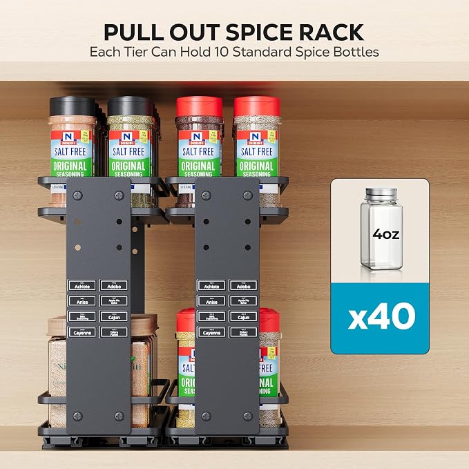 Nieifi Pull Out Spice Rack Organizer, 2 Tiers, Black | Spice Organization for Cabinet, Height Adjustable, Easy to Install - Image 7