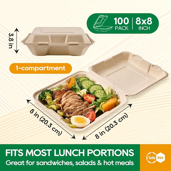 Turbo Bee 100 Pack 8x8inch Natural Take Out Containers with Lids, Large Disposable Clamshell Food Containers for Full Meals, Food Truck, BBQ, Catering & Meal Prep Natural - Image 2