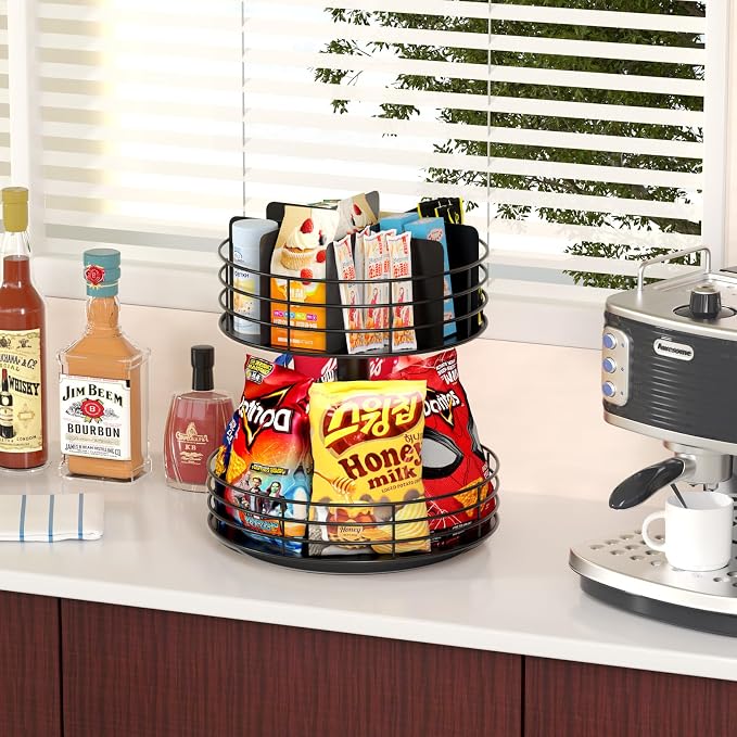 Snack Organizer - Versatile Snack Storage 2 Tier Lazy Susan with Convenient Grab-and-Go Design, Metal Snack Holder for Home, Office, Breakroom, 11.85" L x 11.85" W x 13.3" H (Matte Black) - Image 7