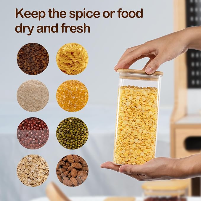 D2scrma 50oz Airtight Glass Square Storage Canister with Bamboo Lid Set of 3 (1500ml) Container Stackable Spice Jar, Kitchen Canister for Flour, Cookies, Cereal and Coffee beans (‎with Black Lable) - Image 3