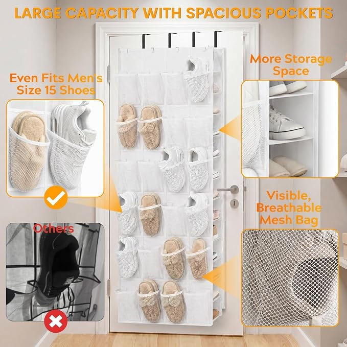 40-50 Pairs Over the Door Shoe Organizer, Large Double-Sided Pockets Hanging Shoe Rack, Space-Saving Closet Door Organizer Fits Boots,Sneakers or Larger Shoes,Shoe Storage for Bedroom, Closet,Entryway - Image 3