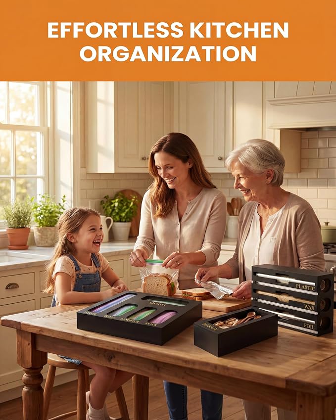 9 IN 1 Bamboo Foil and Plastic Wrap Organizer for Kitchen Drawer, Plastic Bag Organizer Organization and Storage, Food Storage Bag Organizer (BLACK) - Image 3