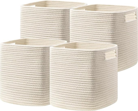 UBBCARE Set of 4 Storage Basket-12 X 12 X 12 in, Cotton Rope Baskets for Shelves, Toys, Book, Cube Storage Bins with Handles, Woven Storage Basket for Organizing, Beige by UBBCARE