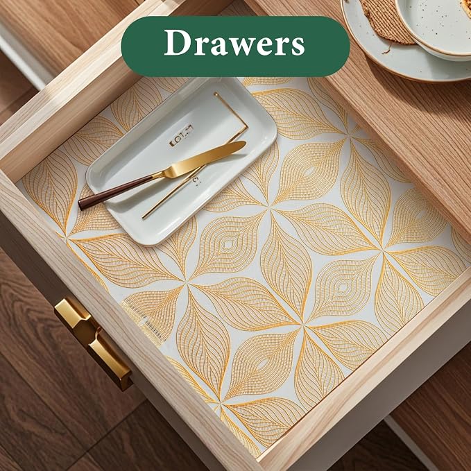 3D Drawer and Shelf Liner for Kitchen Cabinet: 23.6 in X 30 Ft Waterproof | Shelf Paper Non Adhesive Refrigerator Liners Golden Leaf Easy Liners for Bathroom with Knife Tape Measure - Image 2