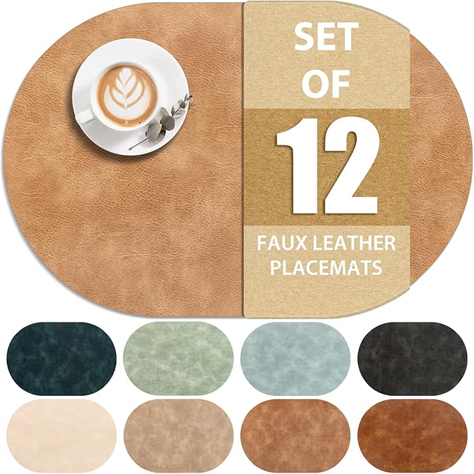 ADRIMER Placemats, Heat Resistant Oval Placemats Set of 12 Washable 12 x 17 Inch, Waterproof Table Mats, Wipeable Pu Place Mats for Kitchen, Dining Room, Light Brown by Adrimersdreamistobeanindispensablecompanioninyourlife