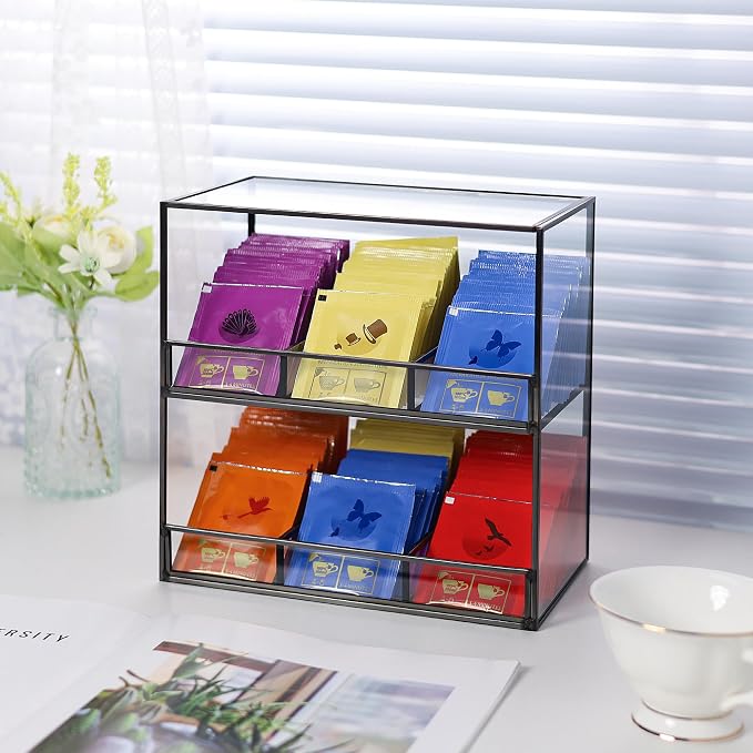 REDHUGO Glass Tea Bag Organizer, 2-Tier Tea Bag Holder for Counter, Black | Glass teabag organizer with 2-tier design and black frame, keeps tea bags tidy for counters, cabinets and tea stations - Image 4