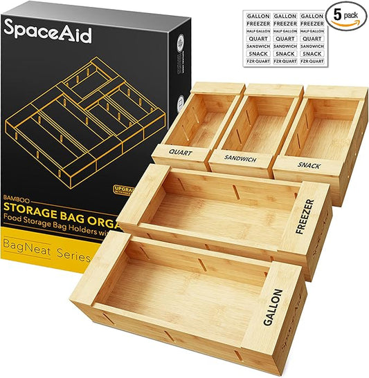 SpaceAid Bag Storage Organizer for Kitchen Drawer, Bamboo Organizer, Compatible with Gallon, Quart, Sandwich and Snack Variety Size Bag (5 Pack Set) by SpaceAid