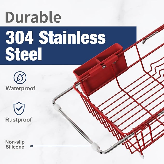 JASIWAY Red Dish Drying Rack in Sink, Dish Drainer with Utensil Holder | Over The Sink Expandable Stainless Steel Strainer Dryer Rack for Small Kitchen, Counter Space Saving, Fast Drain, Rustproof - Image 3