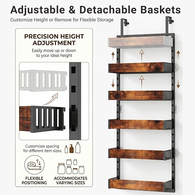 6-Tier Over the Door Pantry Organizer, 2-in-1 Door Hanging or Wall Mounted Spice Rack, Space Saving Metal Storage Shelves with Adjustable Baskets for Kitchen, Closet, Bathroom - Image 6