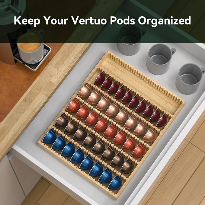 for Nespresso Vertuo Capsules Bamboo Coffee Pod Drawer Organizer | 14.84" Wx11.81" Dx1.54" H 48 Big or 60 Small Pods Holder for Counter - Image 4
