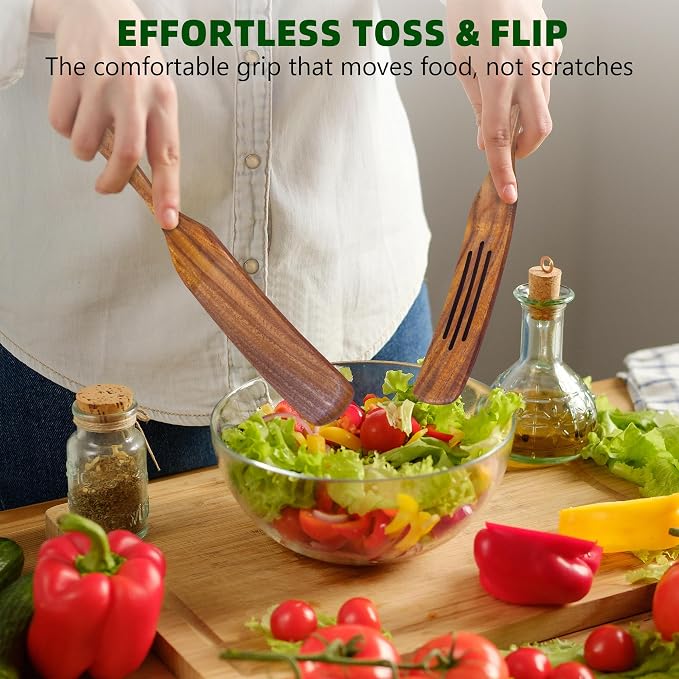 7 Pcs Teak Wooden Utensil Set, Wooden Spoons for Cooking | Non-Toxic & Nonstick Safe Kitchen Utensil, Durable Comfort Grip， Heat Resistant Wood Spatula Set - Image 5