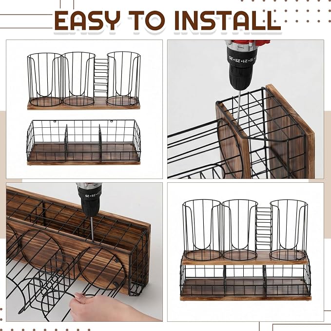 18oz Adjustable Coffee Cup Dispenser with Wooden Base, Cup and Lid Holder, Cups Holder Organizer for Coffee Pod Straw and Lid Storage(4-compartment Double,Color 5) - Image 7
