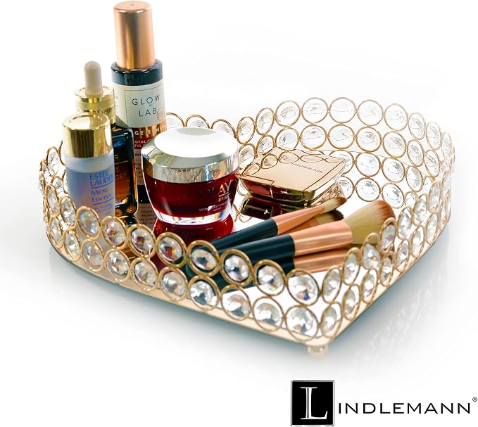 Heart Shaped Decorative Tray Metal Crystal Vanity Trays Glass Mirror Perfume Organiser Makeup Jewelry Trinket Holder for Party & Holiday Home Decoration (Heart, 11in, Gold) - Image 5