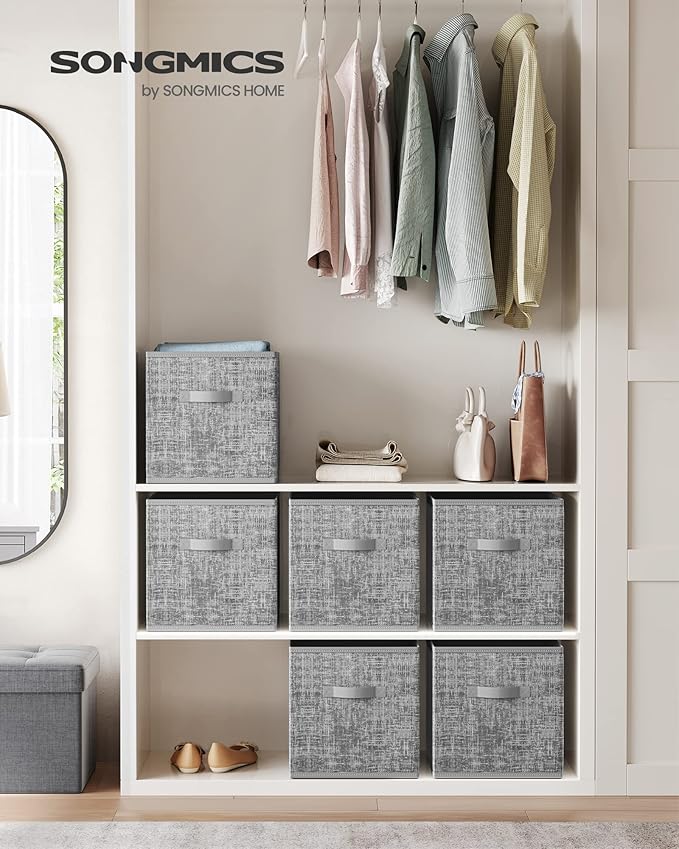 SONGMICS Storage Cubes, 13-Inch Non-Woven Fabric Bins with Double Handles, Set of 6, Closet Organizers for Shelves, Foldable, for Clothes, Cattail Gray UROB033G01 - Image 2