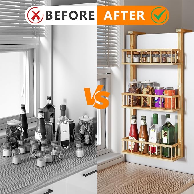 Hanging Spice Rack for Refrigerator - 3 Tier Bamboo Kitchen Counter Shelf Organizer for Can Seasoning Storage, Adhesive to Fridge & Pantry Side - Image 4