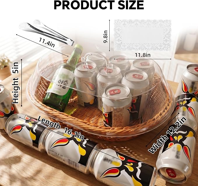Rattan Bread Baskets, 2 Pack, Oval Woven Baskets with Acrylic Lids, 15.75 x 11.81 inches, Stainless Steel Tongs, Lace Doilies, for Bread, Fruit, Food Display - Image 2
