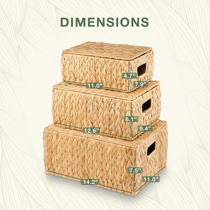 Set of 3 Wicker Baskets with Lid - Woven Storage Basket with Lid - Decorative Storage Boxes for Bathroom, Bedroom and Shelves - Image 7