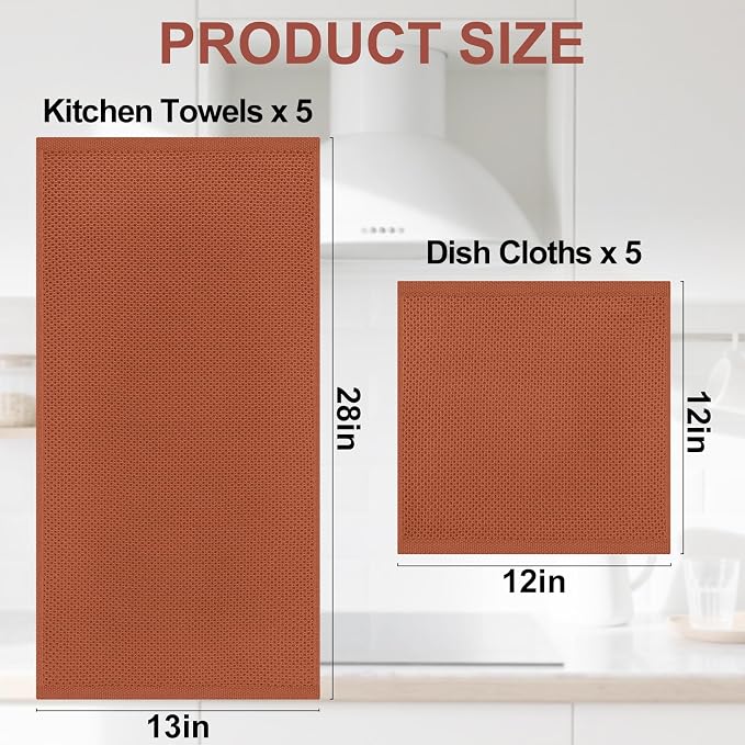 Homaxy 10 Pack 100% Cotton Kitchen Towels and Dishcloths Set, Rust | 12 x 12 Inches and 13 x 28 Inches Kitchen Towels Set, Ultra Soft Absorbent Dish Cloths for Washing Dishes - Image 4
