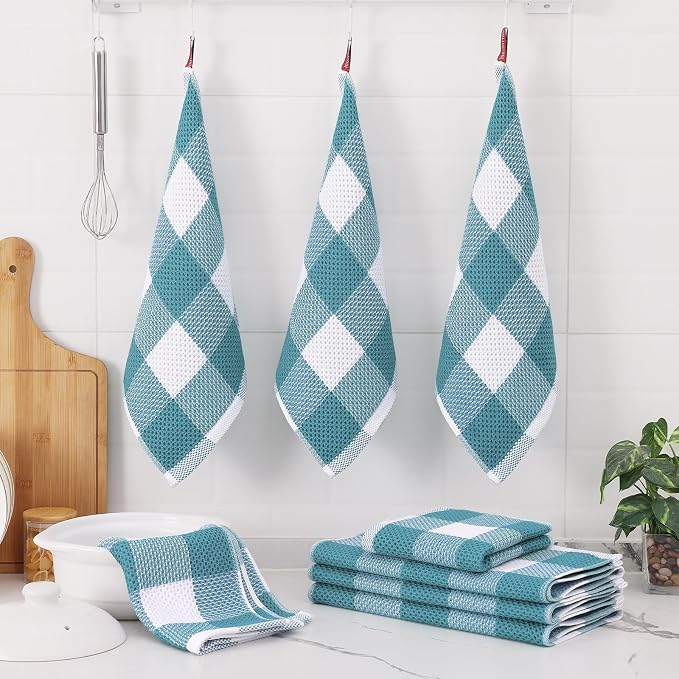 Homaxy Kitchen Towels and Dishcloths Set, Set of 10, White & Lake Blue | Bulk Cotton Waffle Weave Check Plaid Kitchen Towels, Super Soft and Absorbent Dish Cloths, 12 x 12 and 13 x 28 Inches - Image 6