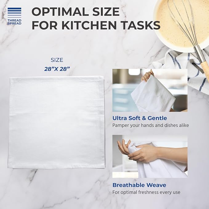 THREAD SPREAD 100% Cotton Dish Cloths - Flour Sack Kitchen Towels - Cotton Blank Towel - Thick Absorbent Quick Dry, Machine Washable - Cleaning & Drying - 28"x28" - Pack of 24, White - Image 4