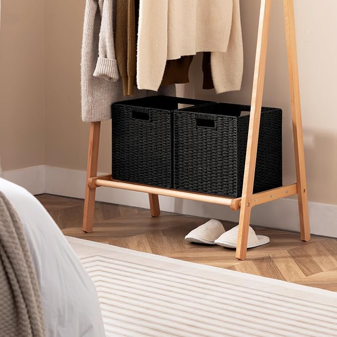 UBBCARE 2 Pack Wicker Basket, 11L×11H×10.5W inch Woven Paper Rope Storage Baskets for Shelves, Foldable Cube Storage bin with Handle, Storage Basket for Organizing & Decor, Black - Image 6