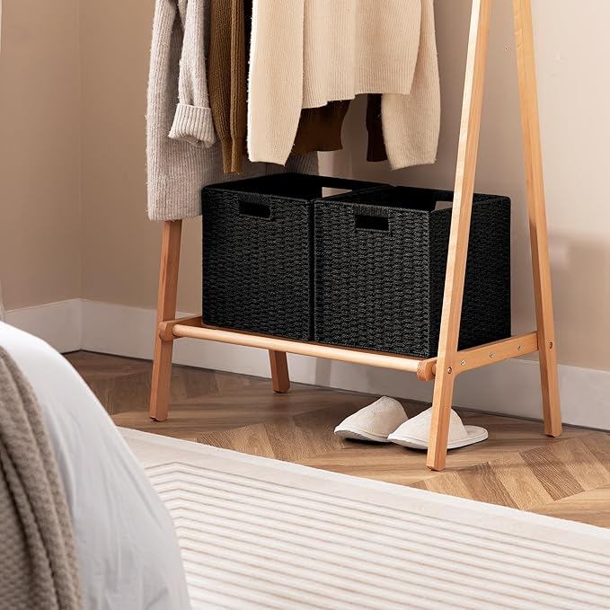 UBBCARE 3 Pack Wicker Basket, 11L×11H×10.5W inch Woven Paper Rope Storage Baskets for Shelves, Foldable Cube Storage bin with Handle, Storage Basket for Organizing & Decor, Black - Image 6