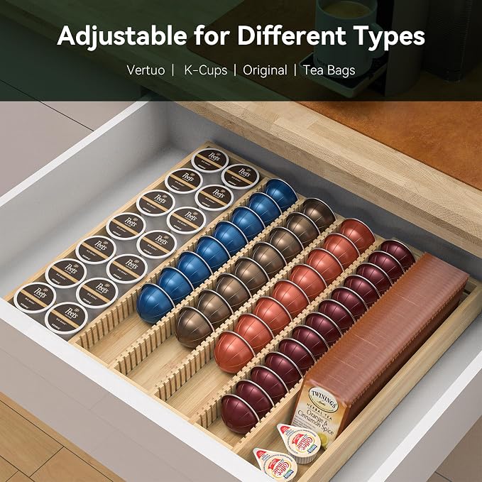 Large Expandable Bamboo Coffee Pod Drawer Organizer | 10.8" -19"W x15.67"Dx1.9"H, Compatible with Nespresso Vertuo Capsules, 40 Big or 52 Small Pods Holder for Counter - Image 4